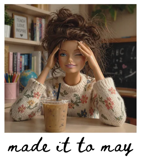 Stressed Teacher Doll with Iced Coffee and Floral Sweater Graphic photo style for t shirt with cottagecore style