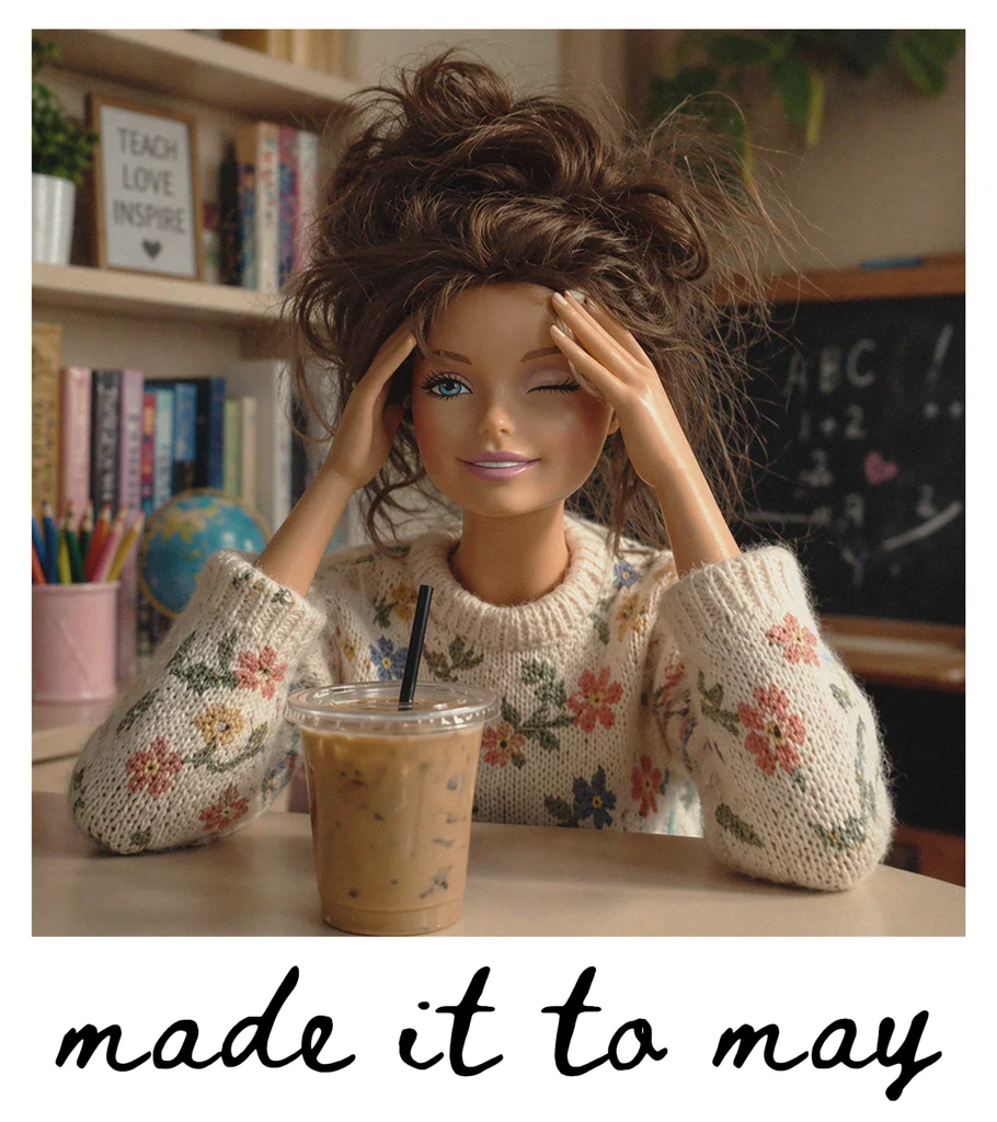 Stressed Teacher Doll with Iced Coffee and Floral Sweater Graphic photo style for t shirt with cottagecore style