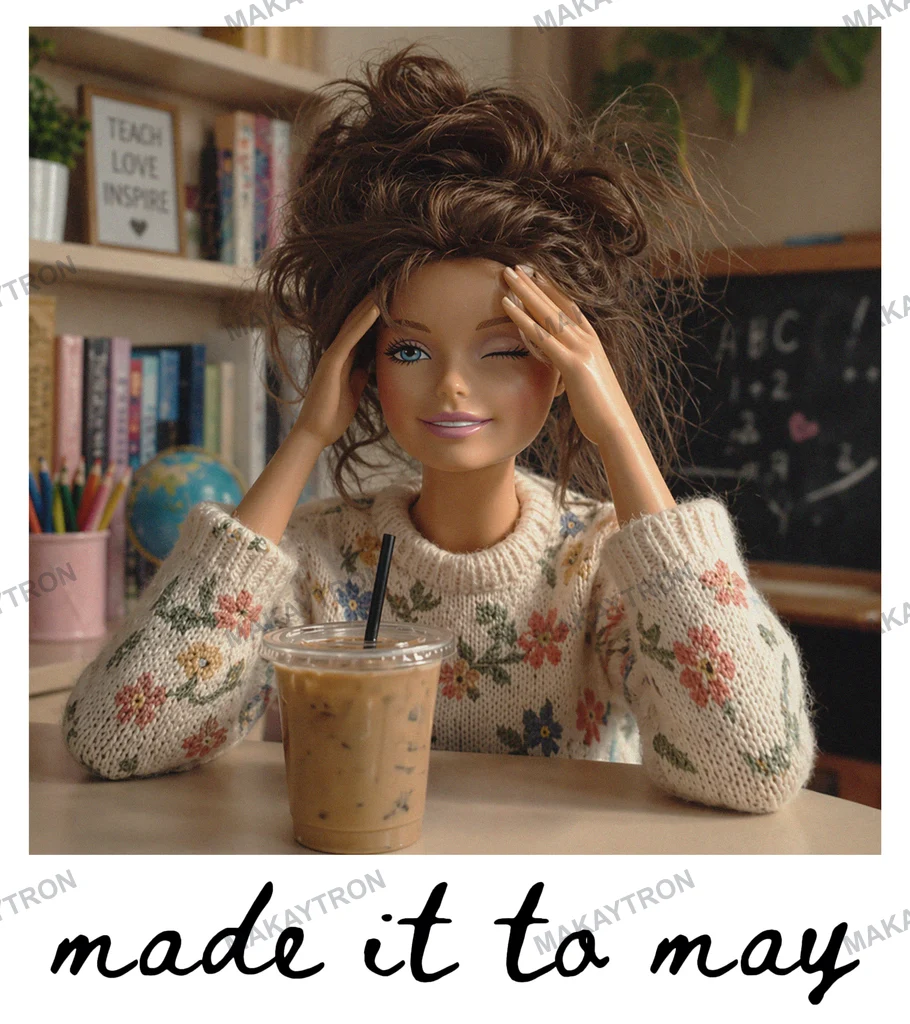 Front preview of Stressed Teacher Doll with Iced Coffee and Floral Sweater Graphic photo style for t shirt with cottagecore style