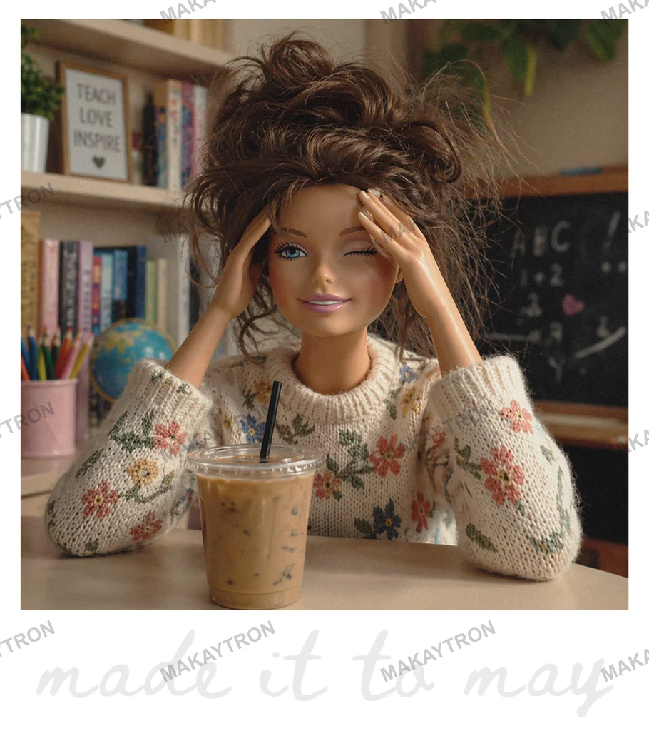 Front preview of Stressed Teacher Doll with Iced Coffee and Floral Sweater Graphic photo style for t shirt with cottagecore style