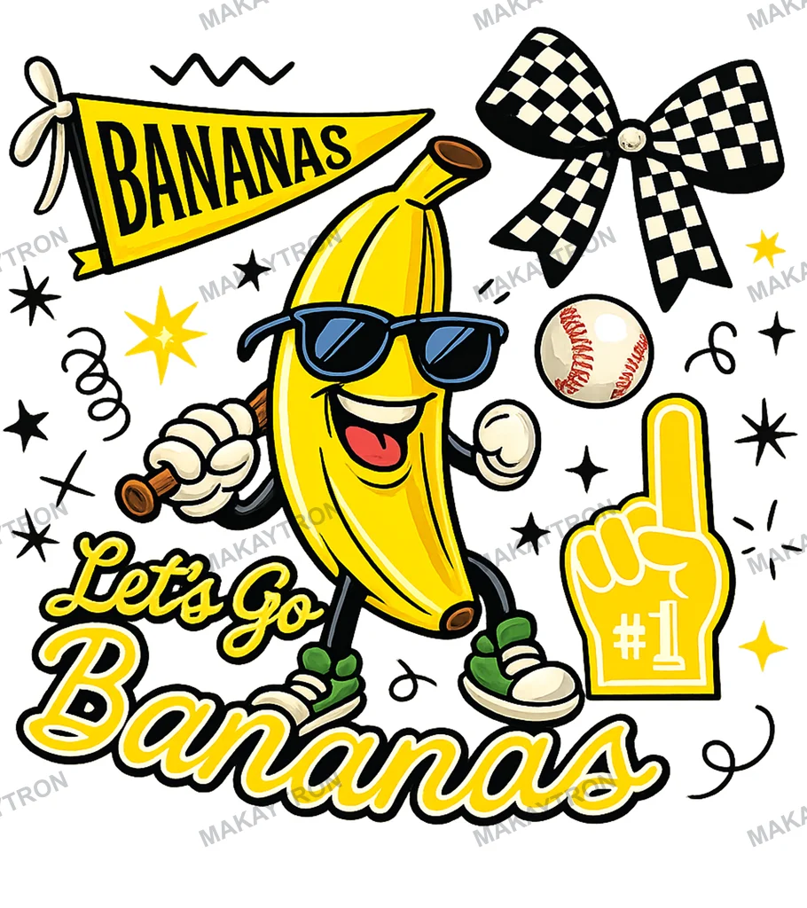 Front preview of Retro Banana Baseball Spirit Wear Graphic mascot character for t shirt with retro style