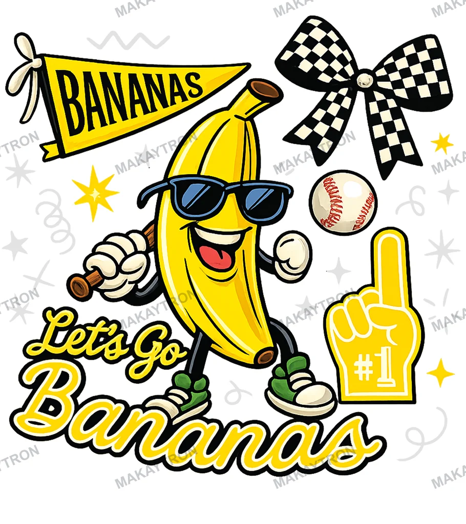 Front preview of Retro Banana Baseball Spirit Wear Graphic mascot character for t shirt with retro style