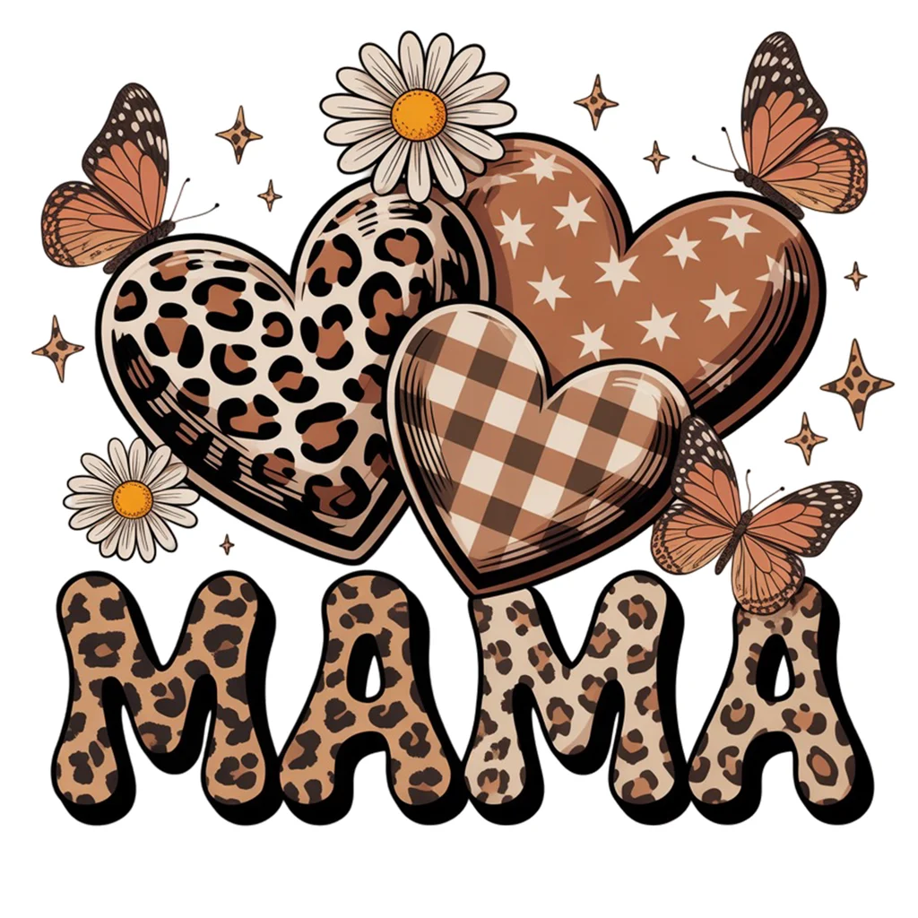 Retro Mama Leopard Hearts Butterfly Daisy Graphic text graphic for t shirt with retro style