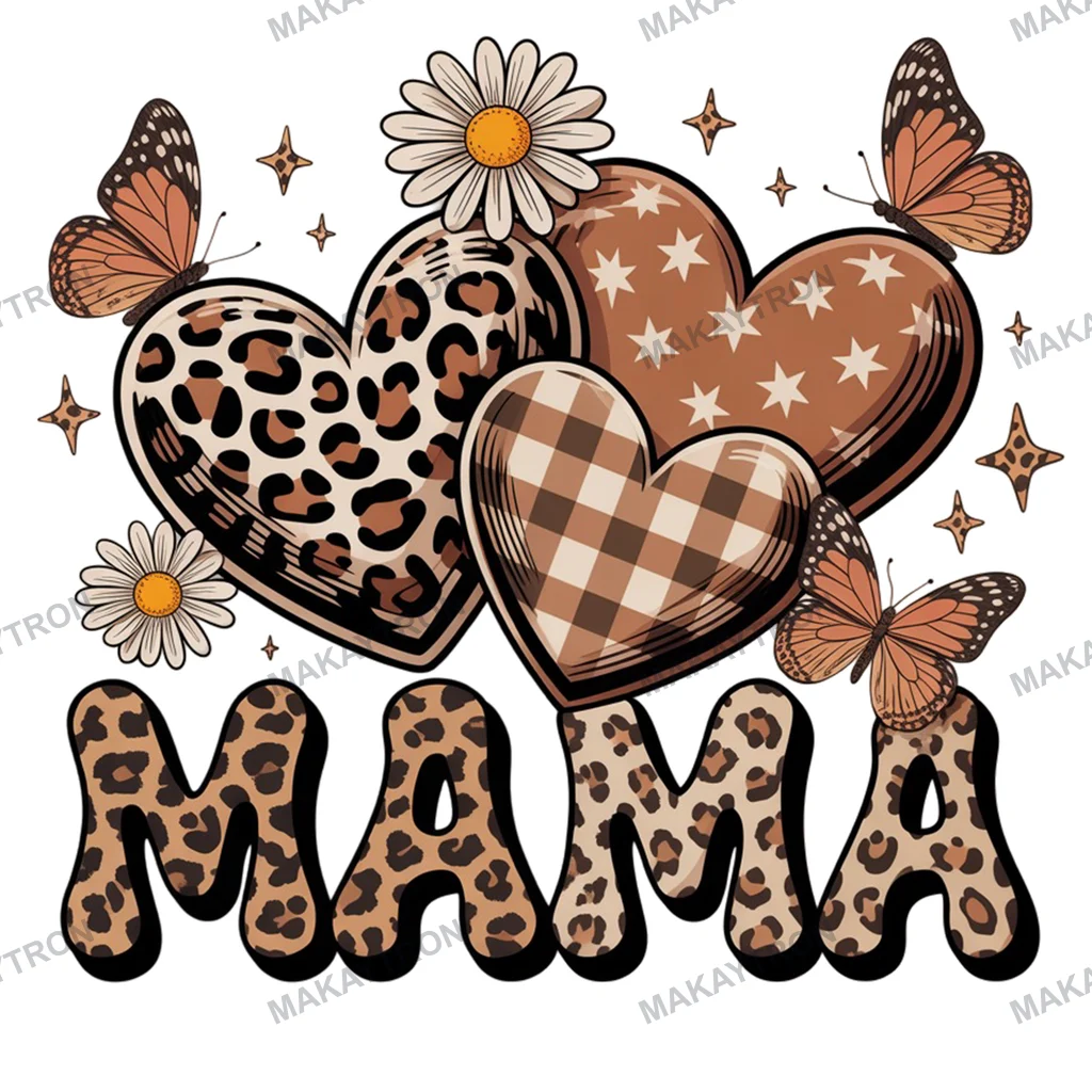 Retro Mama Leopard Hearts Butterfly Daisy Graphic text graphic for t shirt with retro style