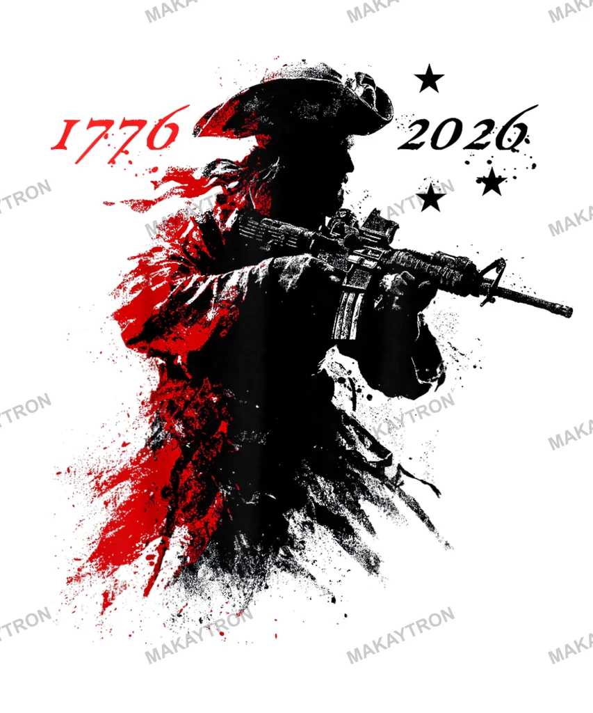 Front preview of 1776 2026 Revolutionary Soldier USA 250 Graphic text graphic for t shirt with grunge style