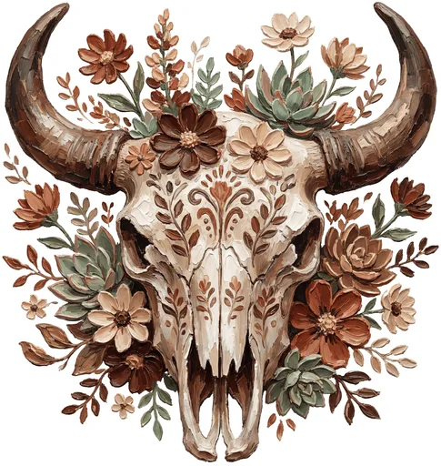 Boho Western Bull Skull with Flowers and Succulents illustration for t shirt with boho style