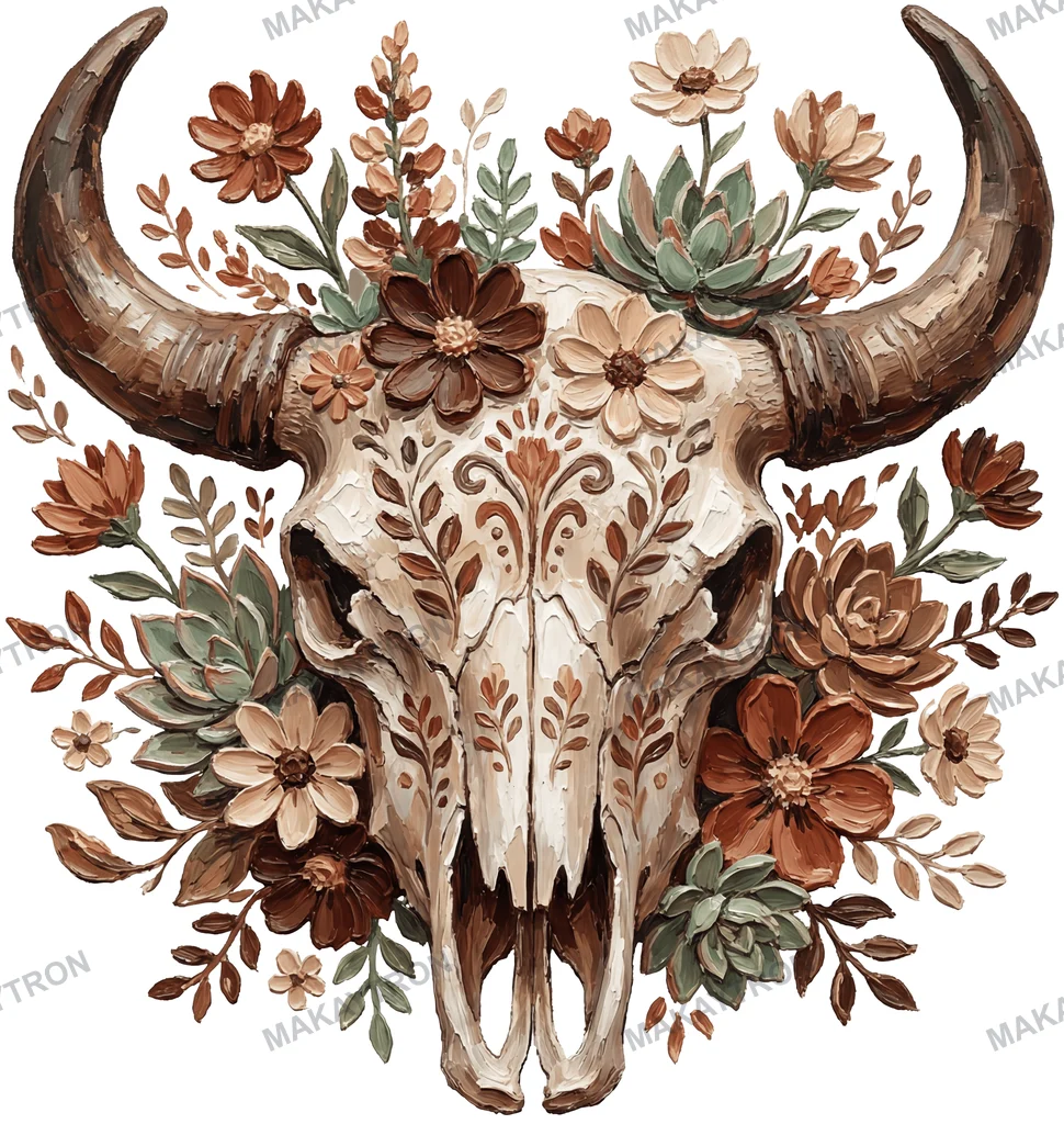 Boho Western Bull Skull with Flowers and Succulents illustration for t shirt with boho style