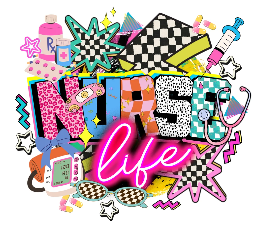Retro Nurse Life Medical Icon Collage Graphic text graphic for t shirt with retro style