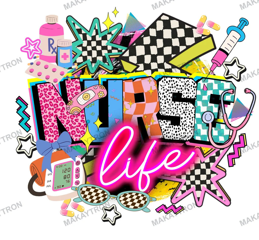 Retro Nurse Life Medical Icon Collage Graphic text graphic for t shirt with retro style