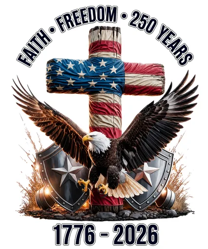 Faith Freedom 250 Years American Eagle Cross 1776 2026 Graphic text graphic for t shirt with patriotic style