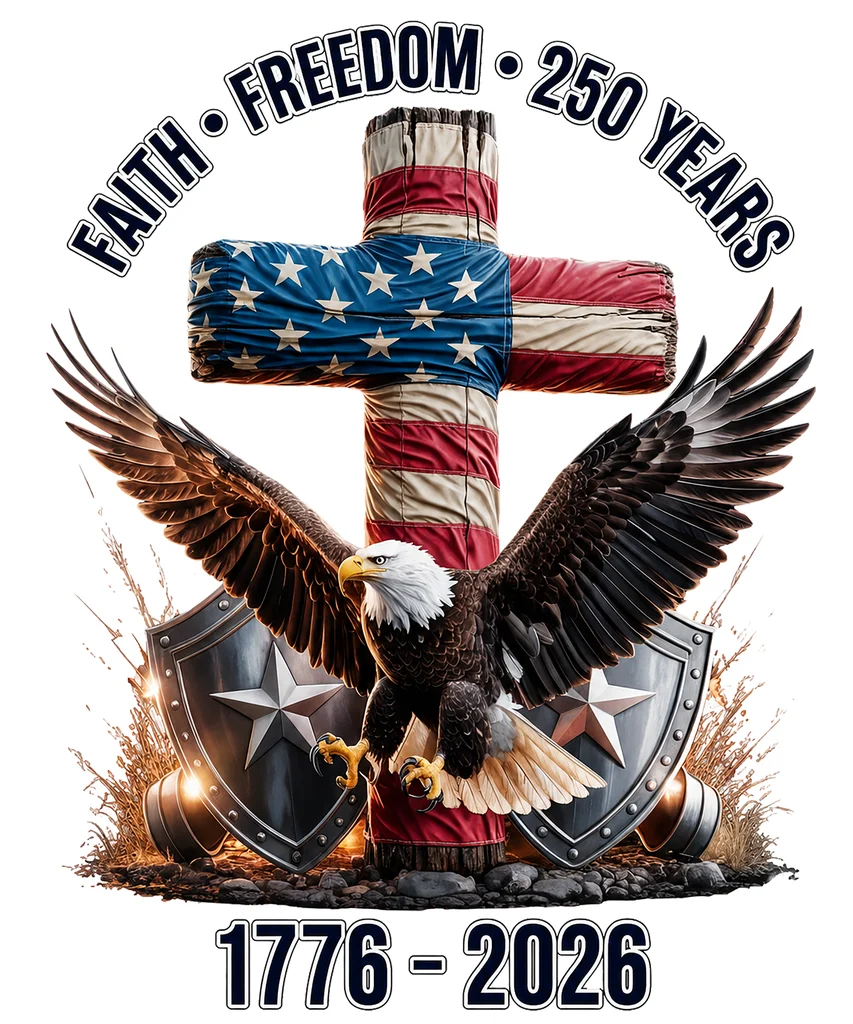 Faith Freedom 250 Years American Eagle Cross 1776 2026 Graphic text graphic for t shirt with patriotic style