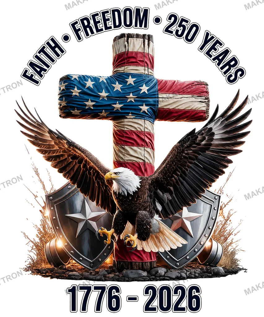 Faith Freedom 250 Years American Eagle Cross 1776 2026 Graphic text graphic for t shirt with patriotic style