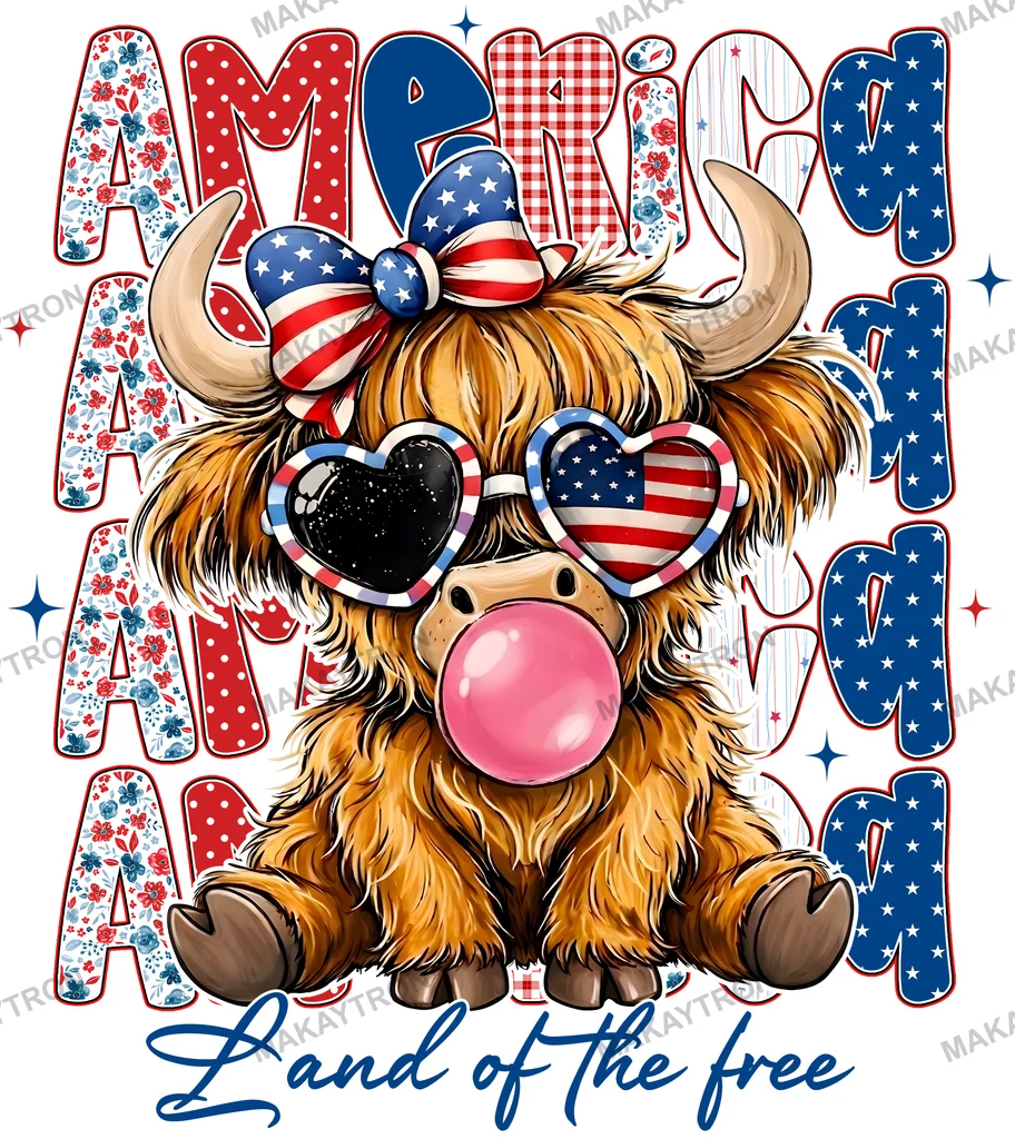 Cute Patriotic Highland Cow 4th of July Graphic Asset text graphic for t shirt with patriotic style