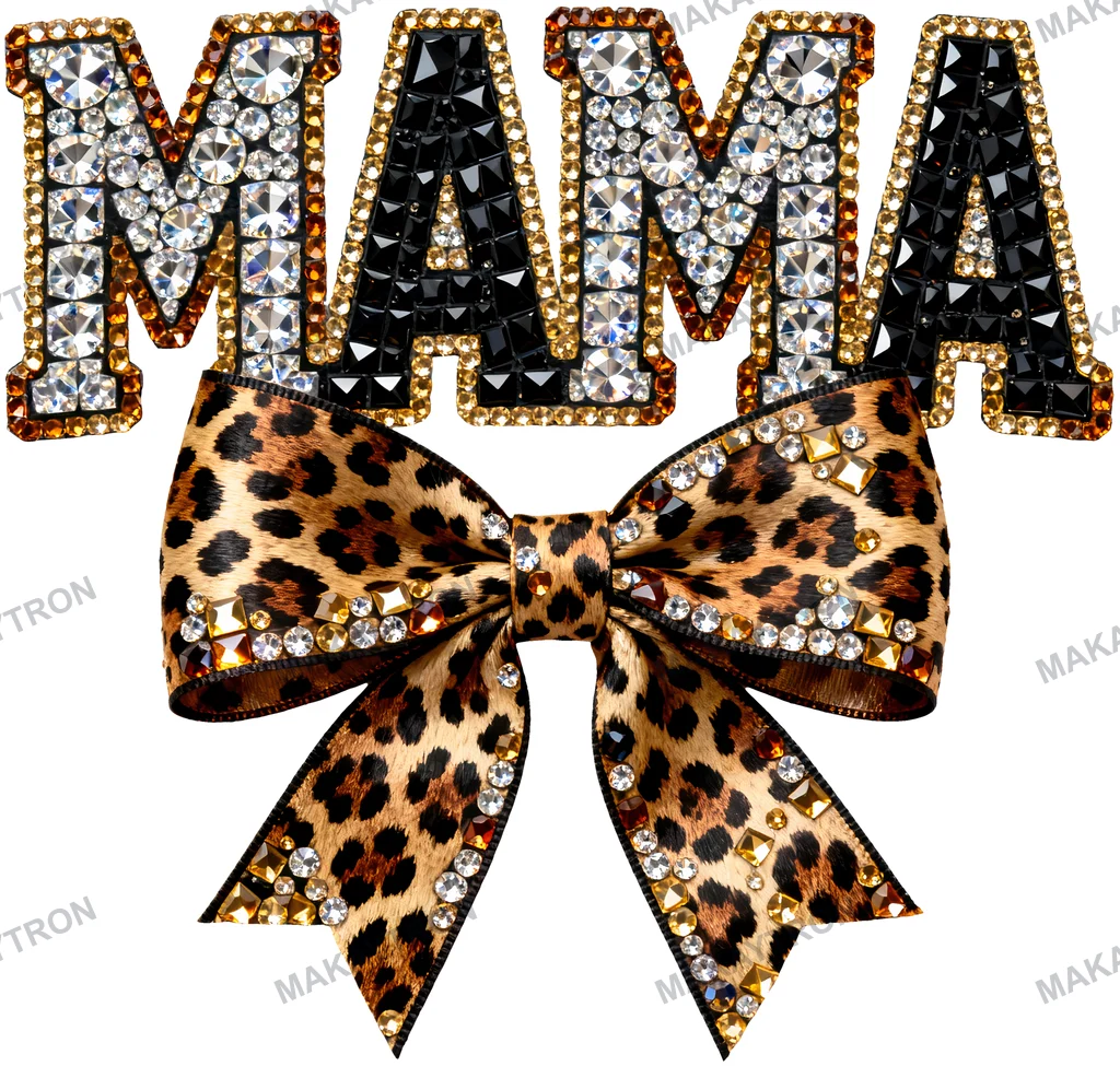 Bling Mama Leopard Bow Rhinestone Graphic text graphic for t shirt with luxury style