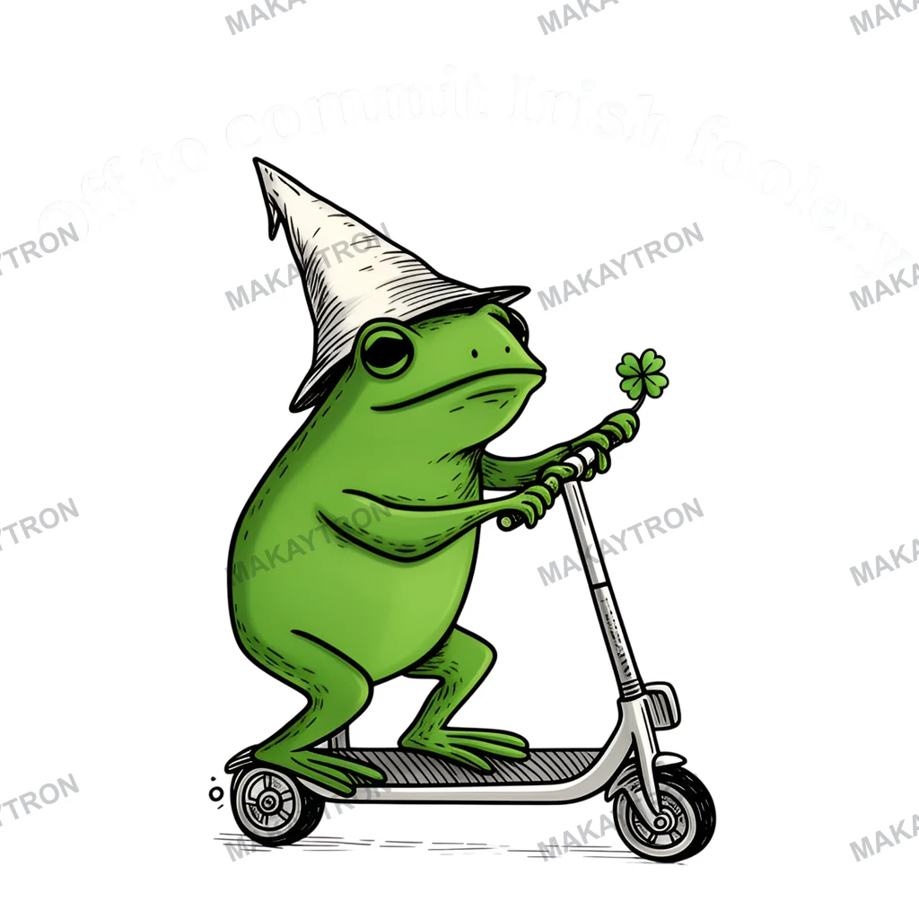 Dark preview of Off to Commit Irish Foolery Frog on Scooter Graphic text graphic for t shirt with cartoon style