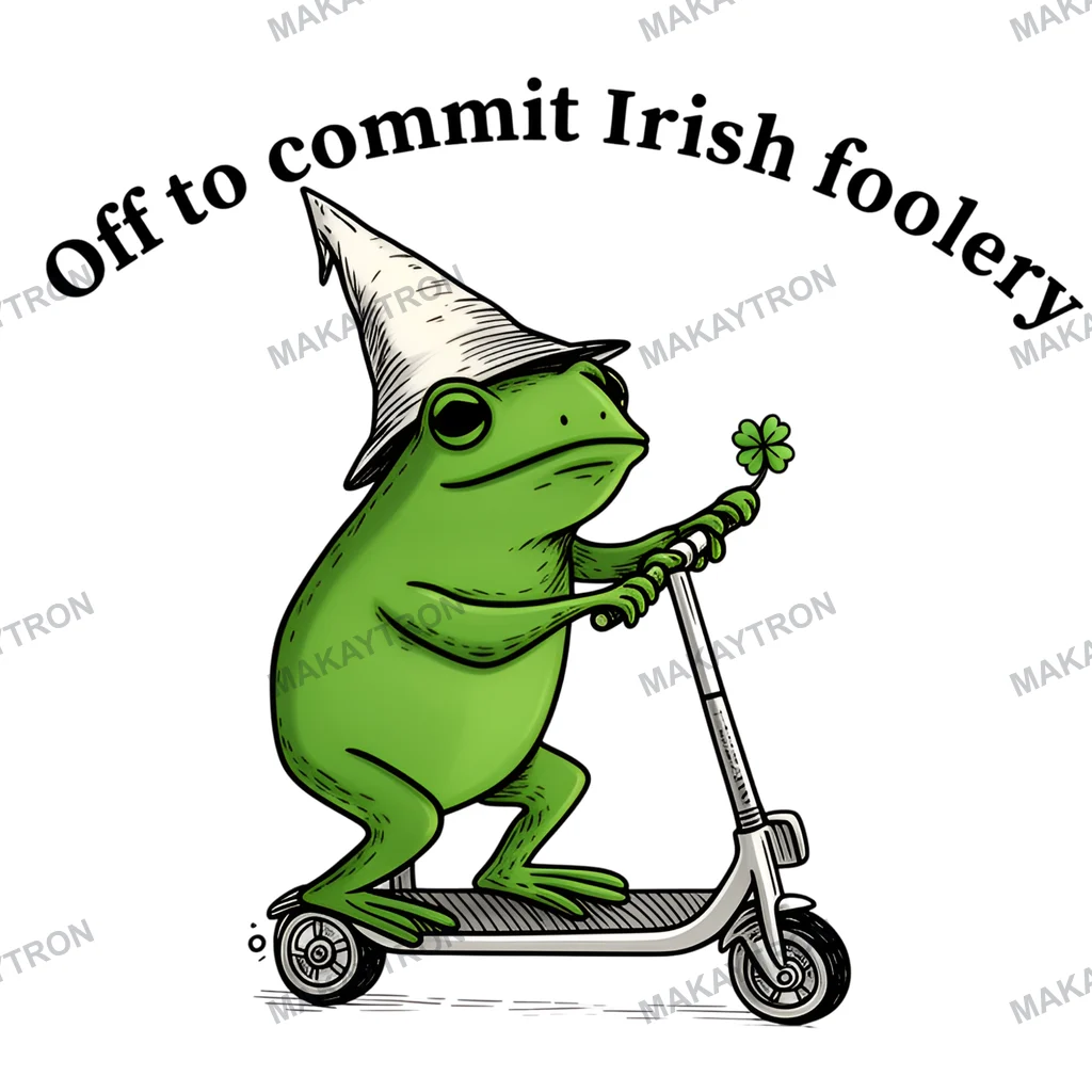 Light preview of Off to Commit Irish Foolery Frog on Scooter Graphic text graphic for t shirt with cartoon style
