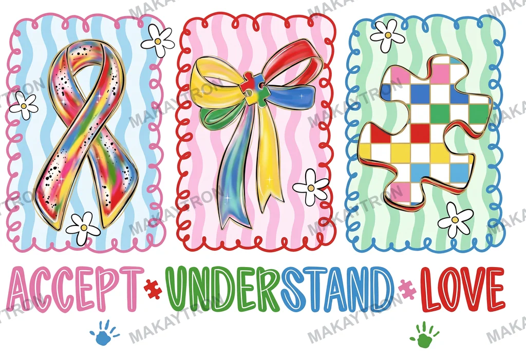 Dark preview of Cute Autism Awareness Accept Understand Love Ribbon Bow Puzzle Design text graphic for t shirt with cute style