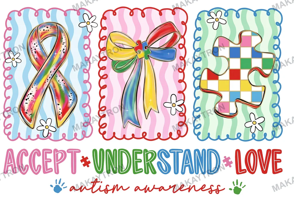 Light preview of Cute Autism Awareness Accept Understand Love Ribbon Bow Puzzle Design text graphic for t shirt with cute style