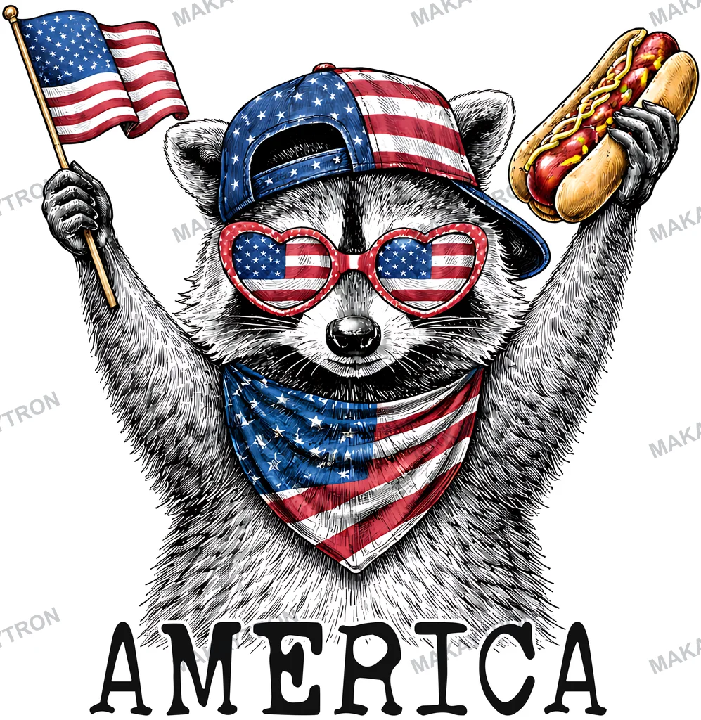 Front preview of Patriotic Raccoon with Flag and Hot Dog T Shirt Design text graphic for t shirt with patriotic style
