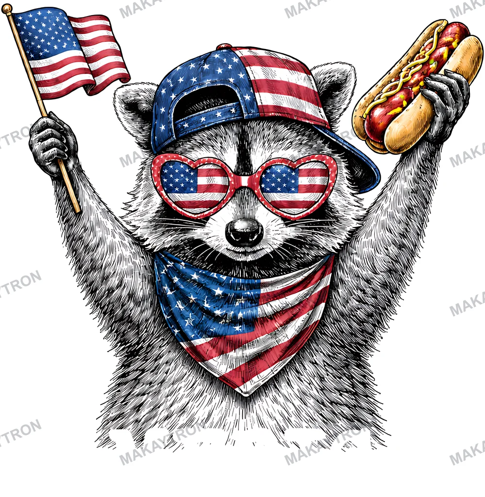 Front preview of Patriotic Raccoon with Flag and Hot Dog T Shirt Design text graphic for t shirt with patriotic style