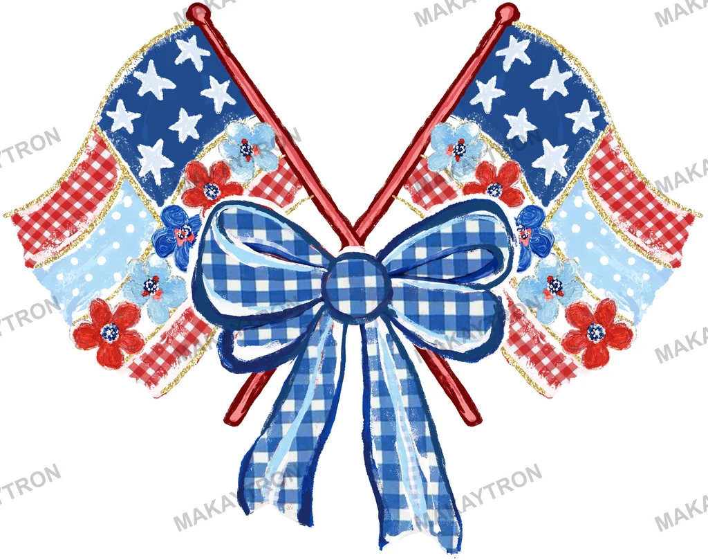 Patriotic Crossed Flags with Gingham Bow Graphic illustration for t shirt with patriotic style