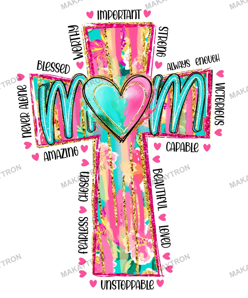 Inspirational Mom Cross Floral Glitter Sublimation Design text graphic for t shirt with floral style