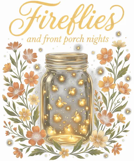 Fireflies and Front Porch Nights Cottagecore Graphic text graphic for t shirt with cottagecore style