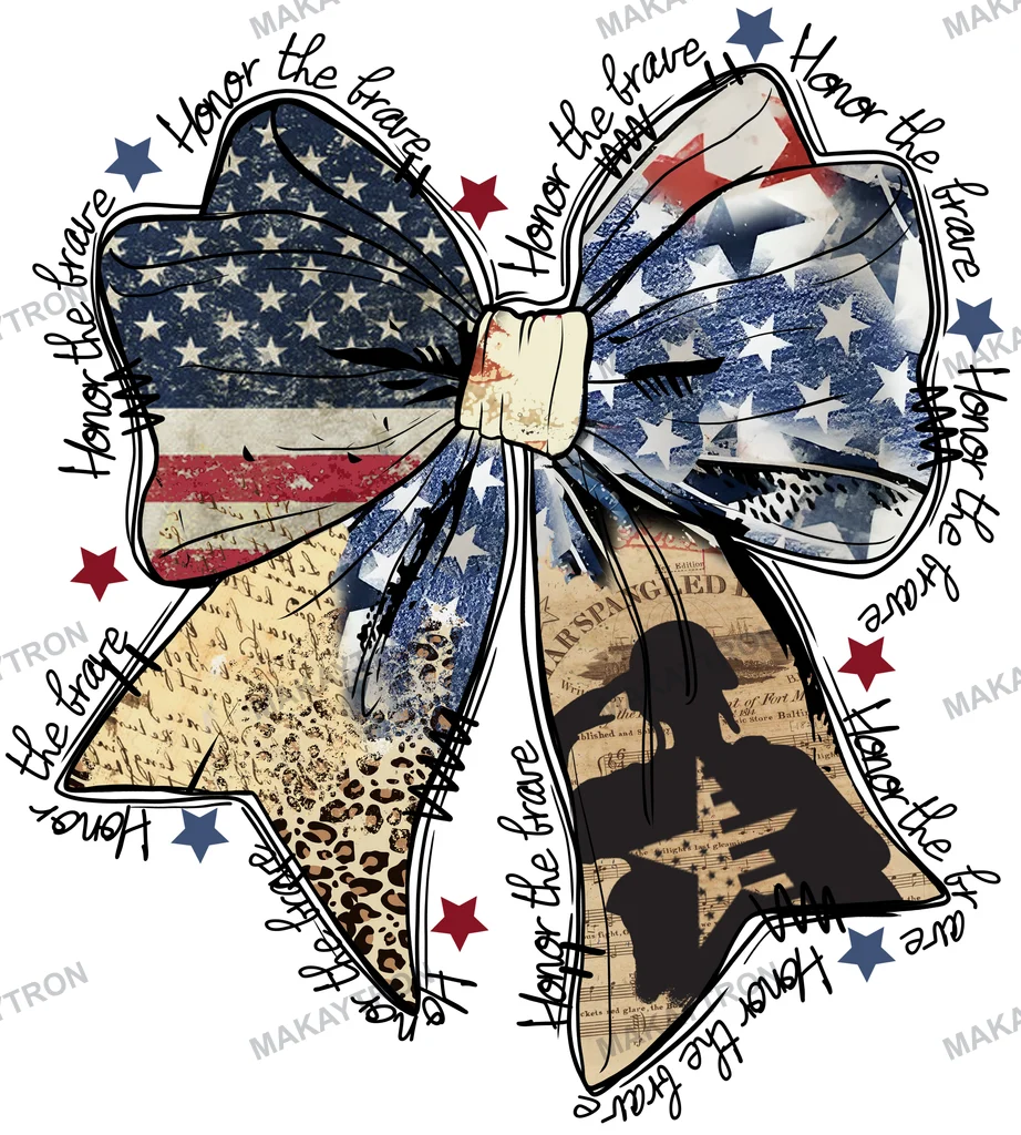 Front preview of Distressed USA Flag Bow with Soldier Silhouette text graphic for t shirt with patriotic style