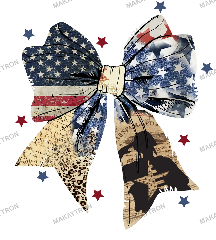 Front preview of Distressed USA Flag Bow with Soldier Silhouette text graphic for t shirt with patriotic style